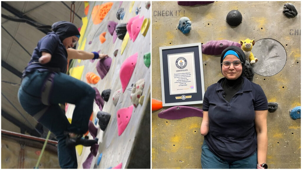 Woman enters Guinness World Record with one-handed climbing in London