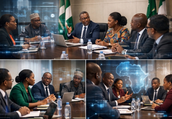 African government officials discussing AI regulations and digital policy in a modern conference setting