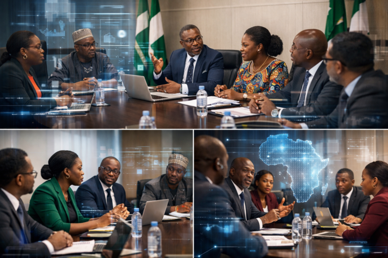 African government officials discussing AI regulations and digital policy in a modern conference setting
