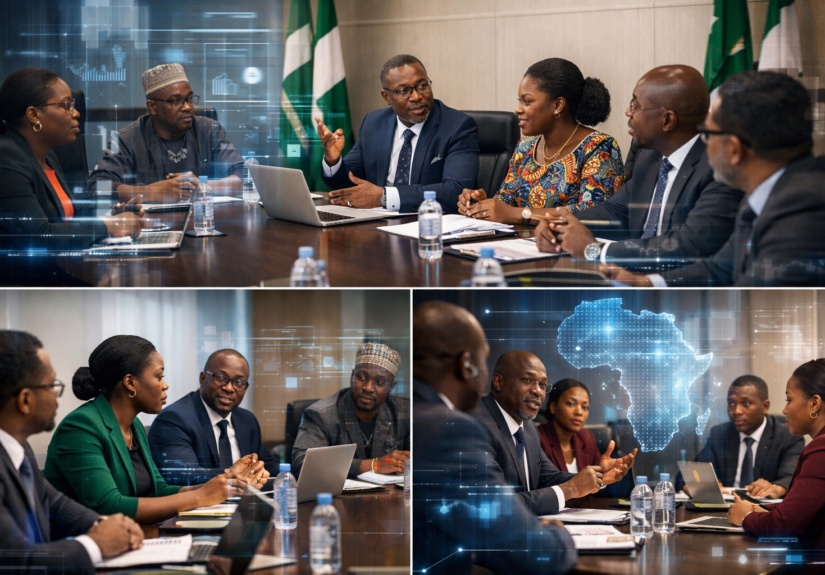 African government officials discussing AI regulations and digital policy in a modern conference setting