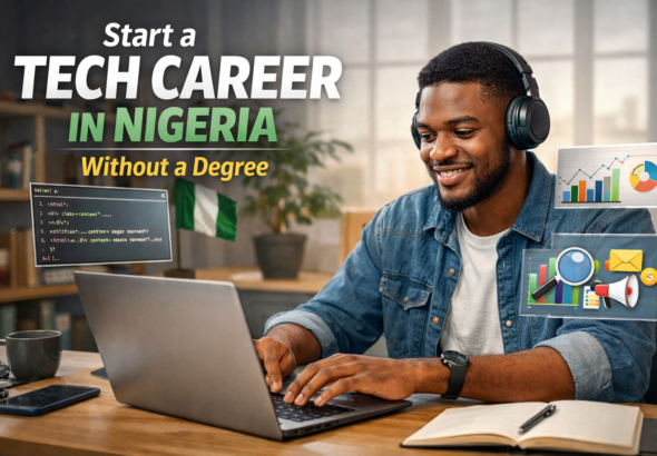Young Nigerian learning tech skills online without a degree in a modern workspace