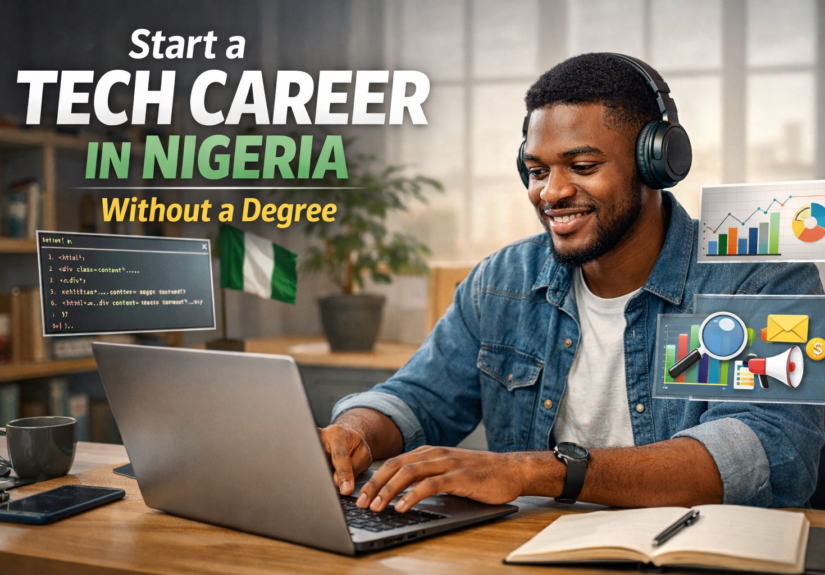 Young Nigerian learning tech skills online without a degree in a modern workspace