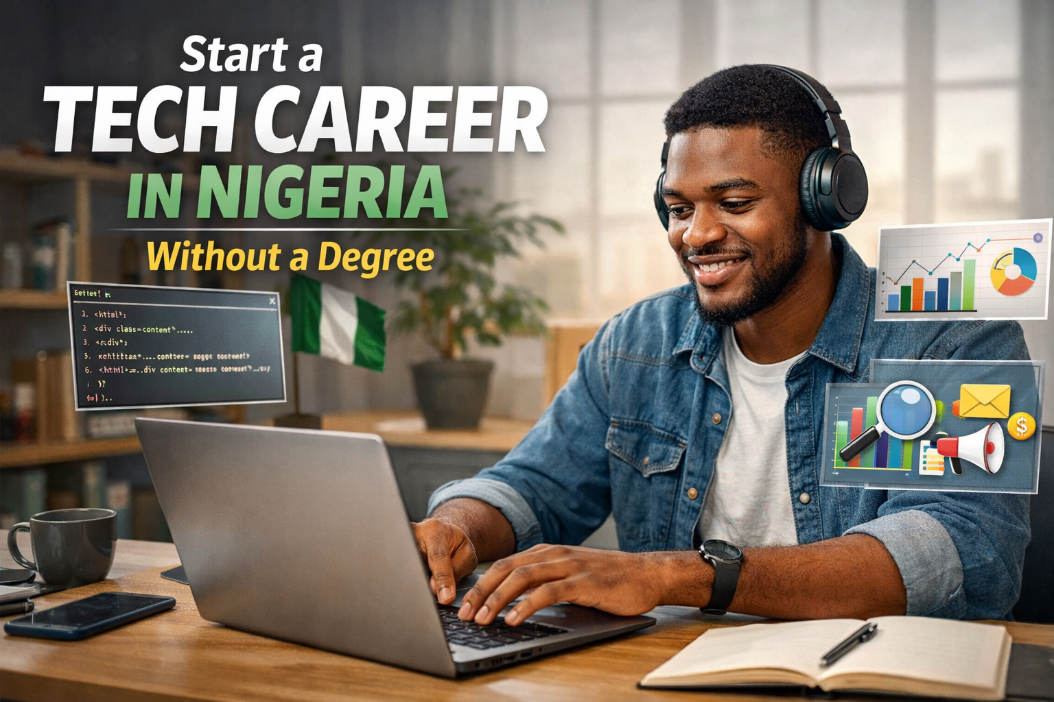 Young Nigerian learning tech skills online without a degree in a modern workspace