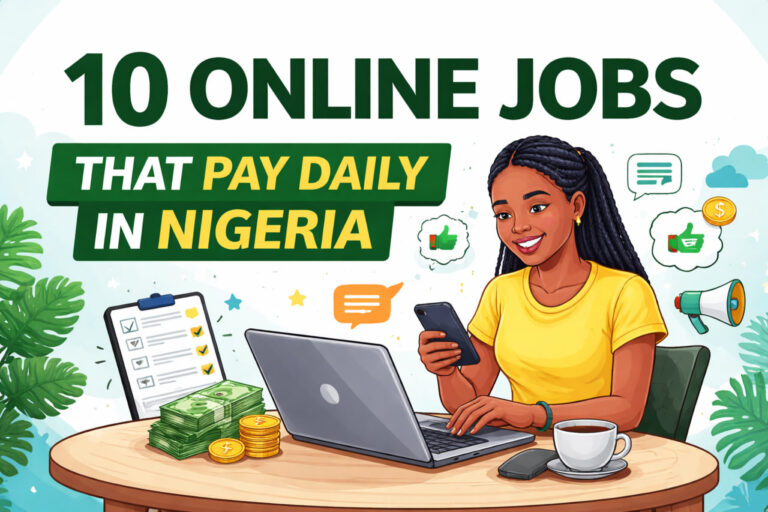 Online jobs that pay daily in Nigeria illustration showing a woman working on a laptop and phone