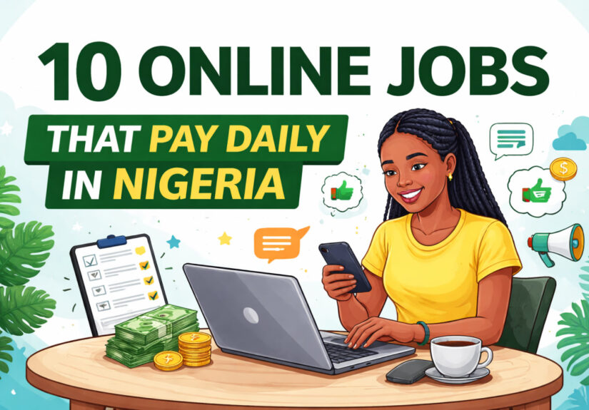 Online jobs that pay daily in Nigeria illustration showing a woman working on a laptop and phone