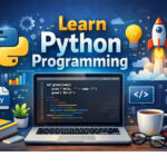 Laptop displaying code of Python for beginners, surrounded by learning materials.
