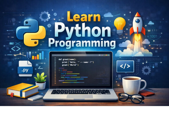 Laptop displaying code of Python for beginners, surrounded by learning materials.
