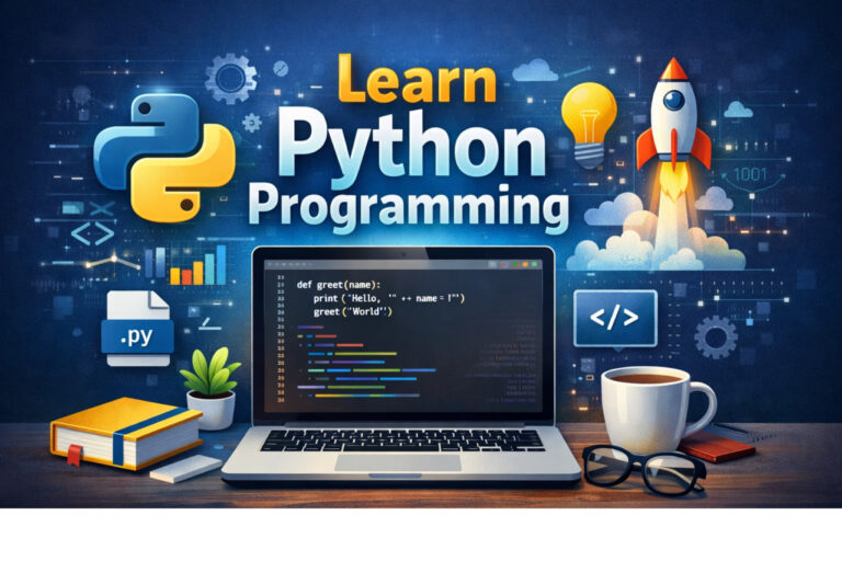 Laptop displaying code of Python for beginners, surrounded by learning materials.