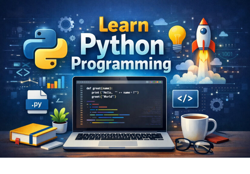 Laptop displaying code of Python for beginners, surrounded by learning materials.