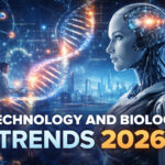 Technology and biology trends 2026 showing AI robot and DNA gene editing innovation