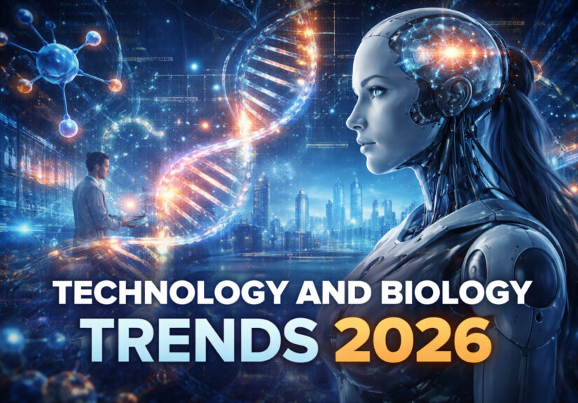 Technology and biology trends 2026 showing AI robot and DNA gene editing innovation