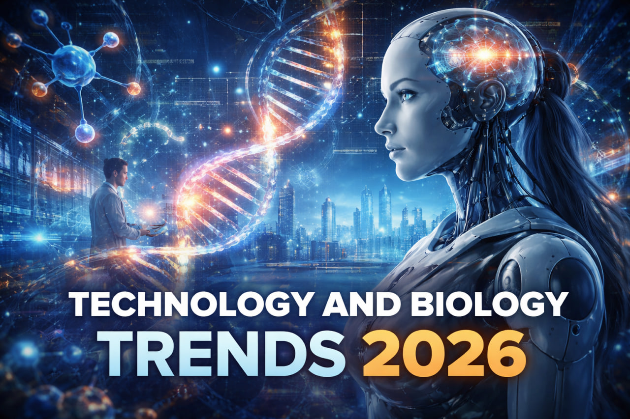 Technology and biology trends 2026 showing AI robot and DNA gene editing innovation