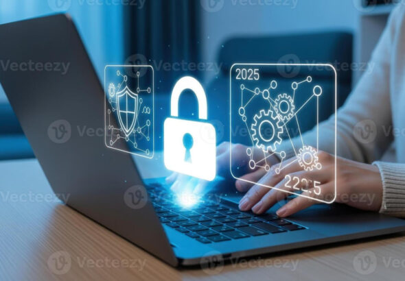 Cyber security importance showing data protection on a laptop