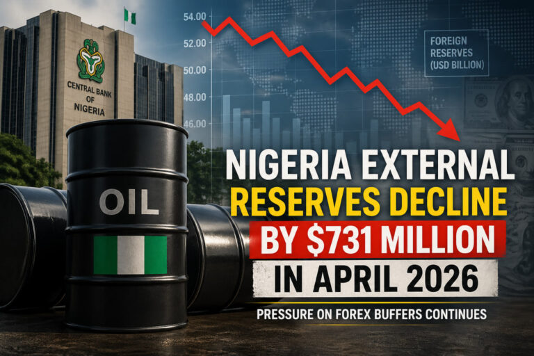 Nigeria external reserves decline by 731 million dollars showing oil barrels and falling forex trend in April 2026